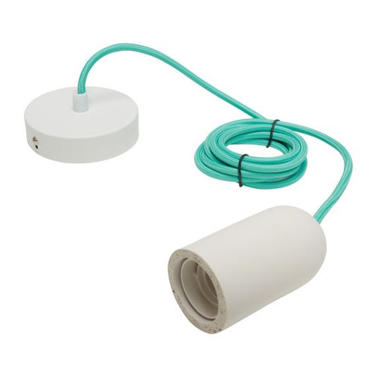 Suspension E27 Béton Blanc + Câble 2 Mètres Textile Jade + Pavillon Acier Blanc