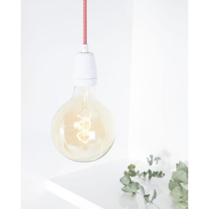 Suspension Douille E27 et Pavillon Céramique Blanche + câble 2 Mètres Textile Blanc/Rouge