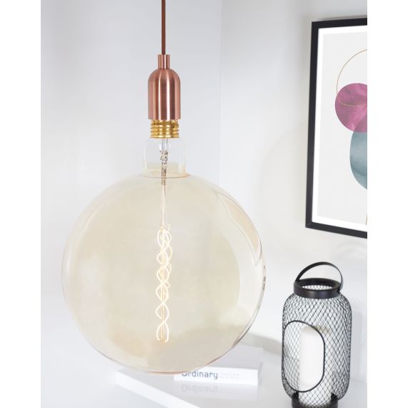 Suspension Douille E40 et Pavillon Métal Cuivre + Câble Textile Marron 2 Mètres