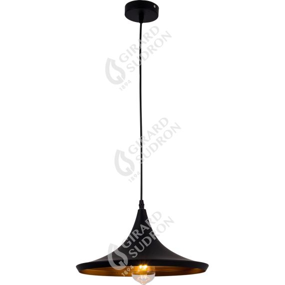 Suspension E27 abat-jour métal Noir extérieur / Doré Intérieur cable PVC L.100cm