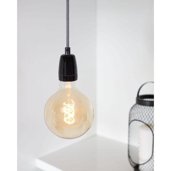 Suspension Douille E27 et Pavillon Céramique Noire + Câble 2 Mètres noir/blanc