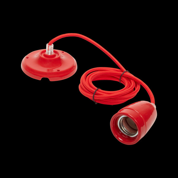 Suspension Douille E27 et Pavillon Céramique Rouge + Câble 2 Mètres Textile Rouge