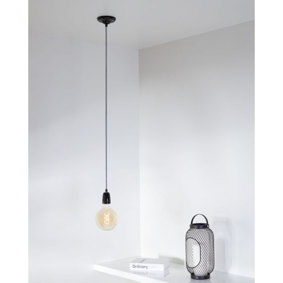 Suspension Douille E27 et Pavillon Céramique Noire + Câble 2 Mètres noir/blanc