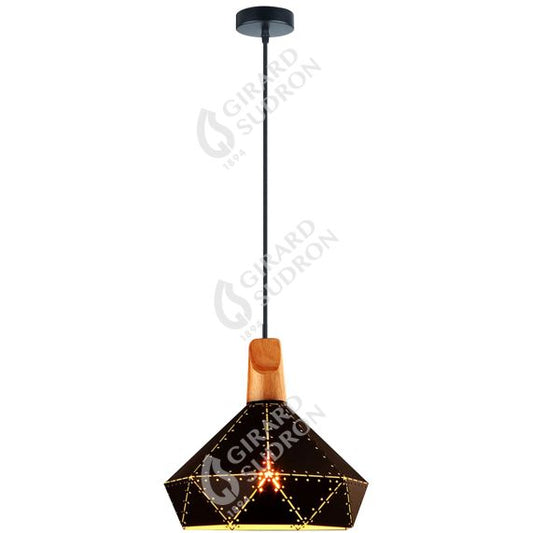 Suspension E27 Max.60W abat-jour Noir et Bois clair extérieur / Blanc intérieur cable PVC L.150cm Noir