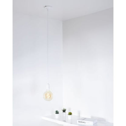 Suspension Douille E27 et Pavillon Céramique Blanche + Câble Textile Blanc 1 Mètre
