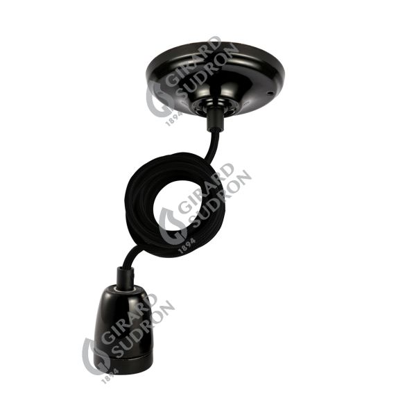 Suspension Douille E27 + Plafonnier Céramique Noir + Câble Textile Noir L1M