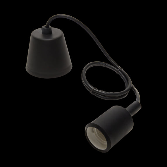 Suspension Douille E27 et Pavillon Silicone Noir + Câble Textile Noir 80 Cm