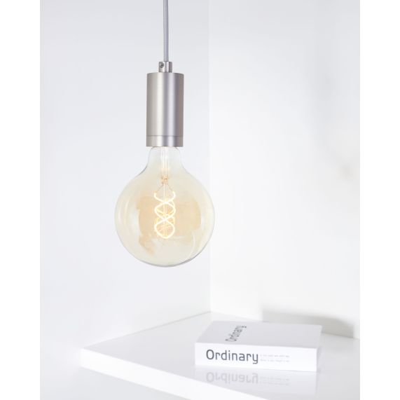 Suspension Douille Cylindre Filetée E27 et Pavillon Acier Gris Clair Métallisé + Câble Textile Gris 2 Mètres