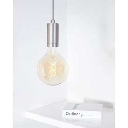 Suspension Douille Cylindre Filetée E27 et Pavillon Acier Gris Clair Métallisé + Câble Textile Gris 2 Mètres