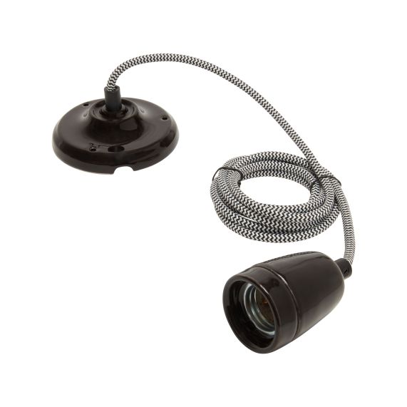 Suspension Douille E27 et Pavillon Céramique Noire + Câble 2 Mètres noir/blanc