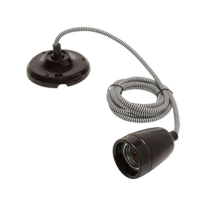 Suspension Douille E27 et Pavillon Céramique Noire + Câble 2 Mètres noir/blanc