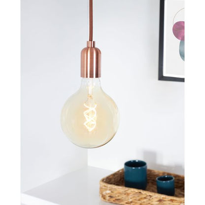 Suspension Douille E27 Lisse et Pavillon Métal Cuivre + Câble Textile Marron 2 Mètres