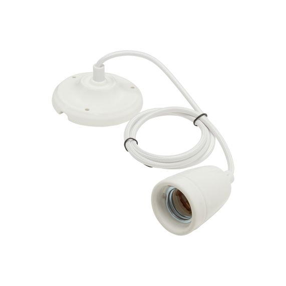 Suspension Douille E27 et Pavillon Céramique Blanche + Câble Textile Blanc 1 Mètre