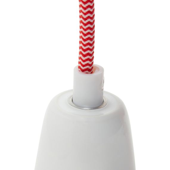 Suspension Douille E27 et Pavillon Céramique Blanche + câble 2 Mètres Textile Blanc/Rouge