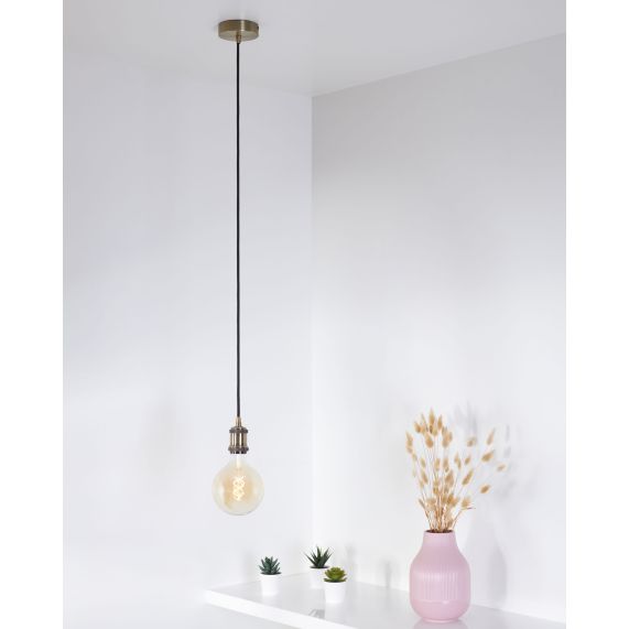Suspension Douille E27 Filetée et Pavillon Métal Bronze + Câble Textile Noir 1 Mètre