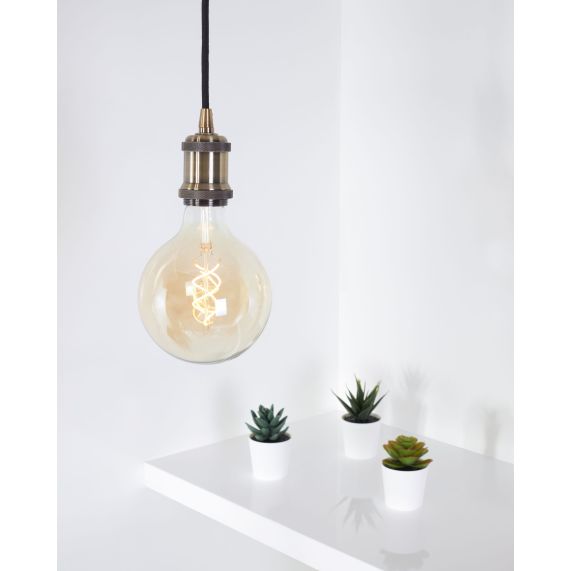 Suspension Douille E27 Filetée et Pavillon Métal Bronze + Câble Textile Noir 1 Mètre