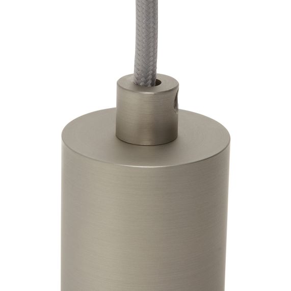 Suspension Douille Cylindre Filetée E27 et Pavillon Acier Gris Clair Métallisé + Câble Textile Gris 2 Mètres