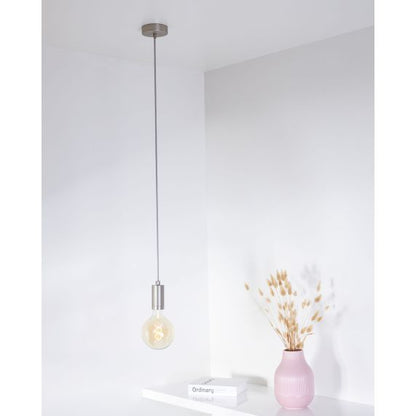 Suspension Douille Cylindre Filetée E27 et Pavillon Acier Gris Clair Métallisé + Câble Textile Gris 2 Mètres